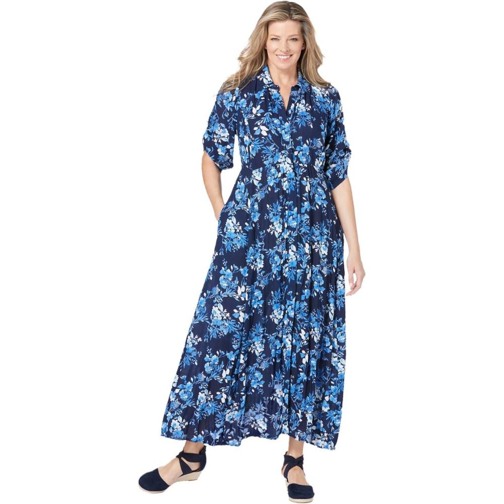 image:imageWoman Within Plus Size RollTab Sleeve Crinkle ShirtdressNavy Painterly Bouquet