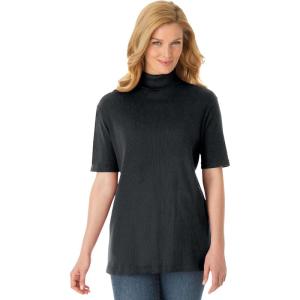 Woman Within Plus Size Ribbed Short Sleeve Turtleneck(Black)
