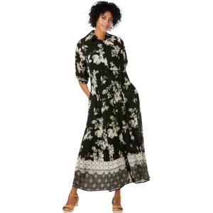 Woman Within Plus Size Roll-Tab Sleeve Crinkle Shirtdress(Black Bloom Flower)