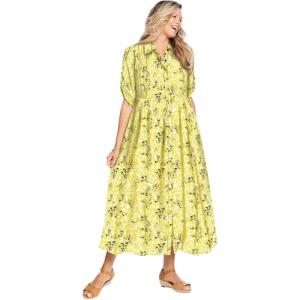 Woman Within Plus Size Roll-Tab Sleeve Crinkle Shirtdress(Primrose Yellow Leaf)