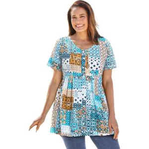 Woman Within Plus Size Short-Sleeve Empire Waist Tunic(Turq Blue Patchwork)
