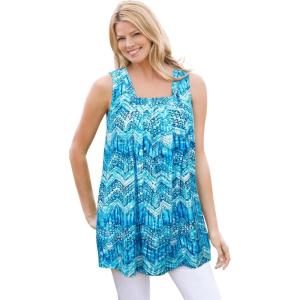 Woman Within Plus Size Swing Square Neck Pocket Tunic(Paradise Blue Batik Chevron)