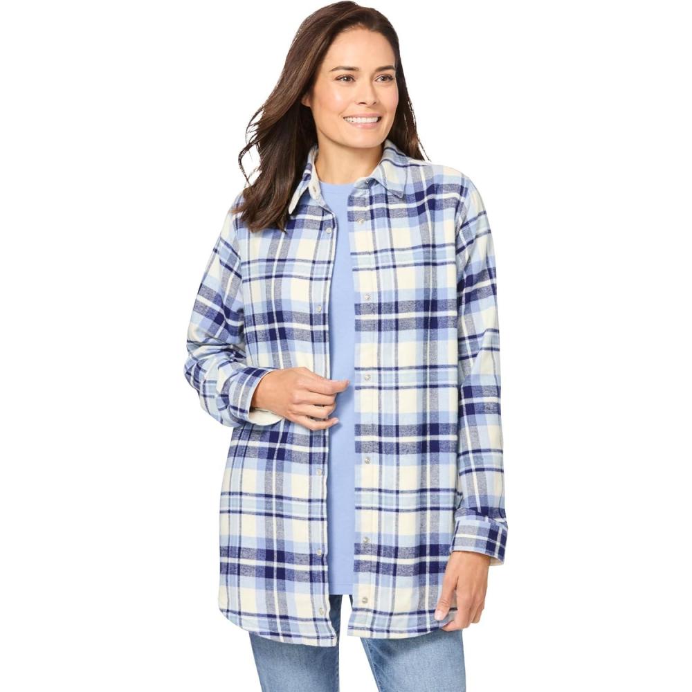image:imageWoman Within Plus Size Fleece Flannel SnapFront ShirtFrench Blue Ivory Plaid