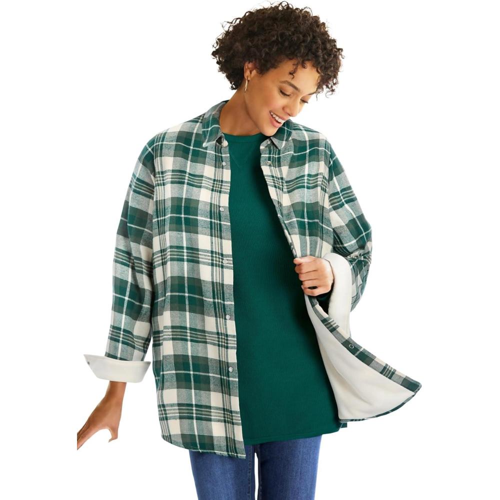 image:imageWoman Within Plus Size Fleece Flannel SnapFront ShirtGreen Ivory Plaid