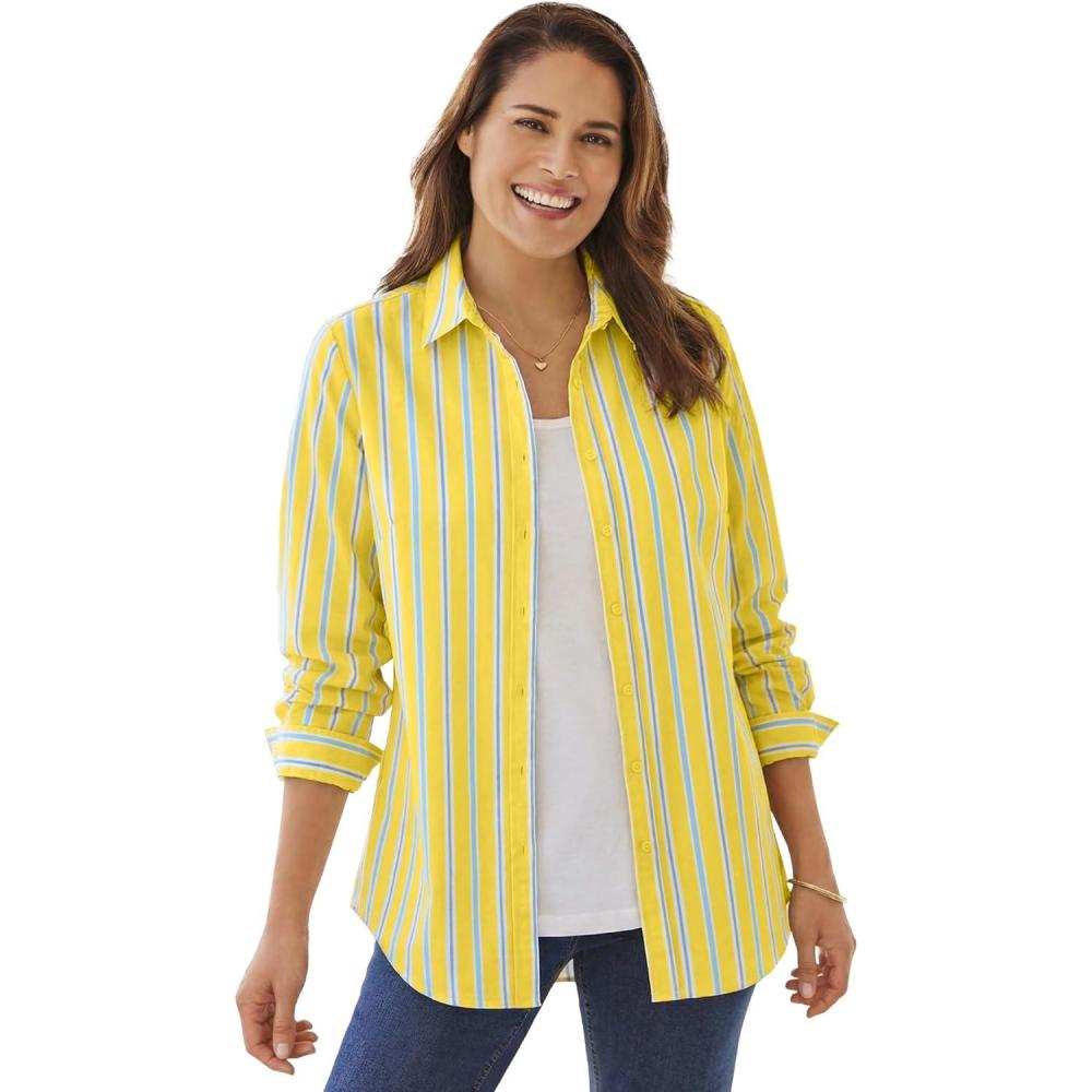image:imageWoman Within Plus Size Perfect Long Sleeve ShirtPrimrose Yellow Sunny Stripe