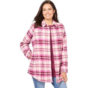 Woman Within Plus Size Fleece Flannel Snap-Front Shirt(Deep Claret Ivory Plaid)