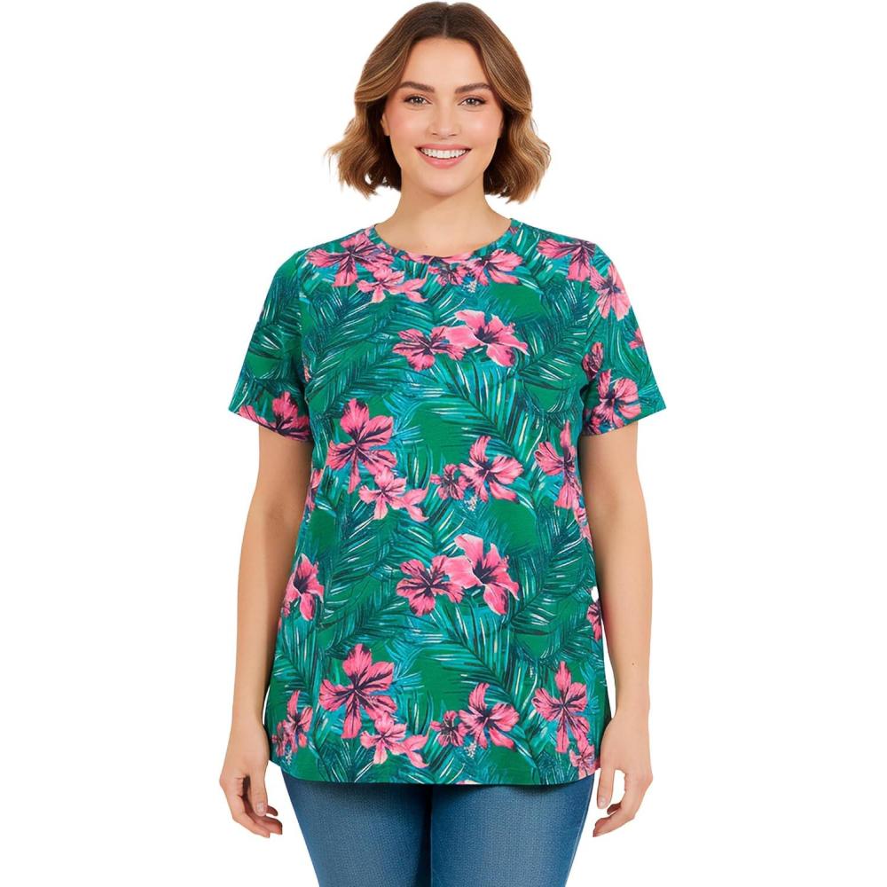 image:imageWoman Within Plus Size Perfect Printed ShortSleeve Crewneck TeeEmerald Tropical Bloom