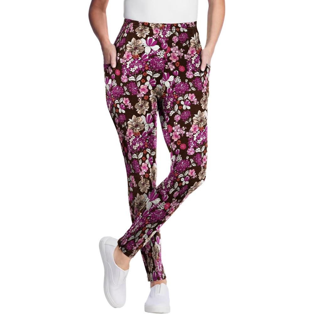 image:imageWoman Within Plus Size Tall StretchCotton Knit PullOn Printed Pocket LeggingsBlack Berry Garland