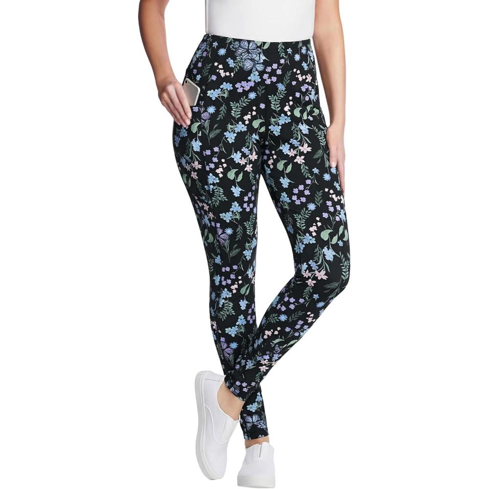 image:imageWoman Within Plus Size Tall StretchCotton Knit PullOn Printed Pocket LeggingsBlack Blue Butterflies