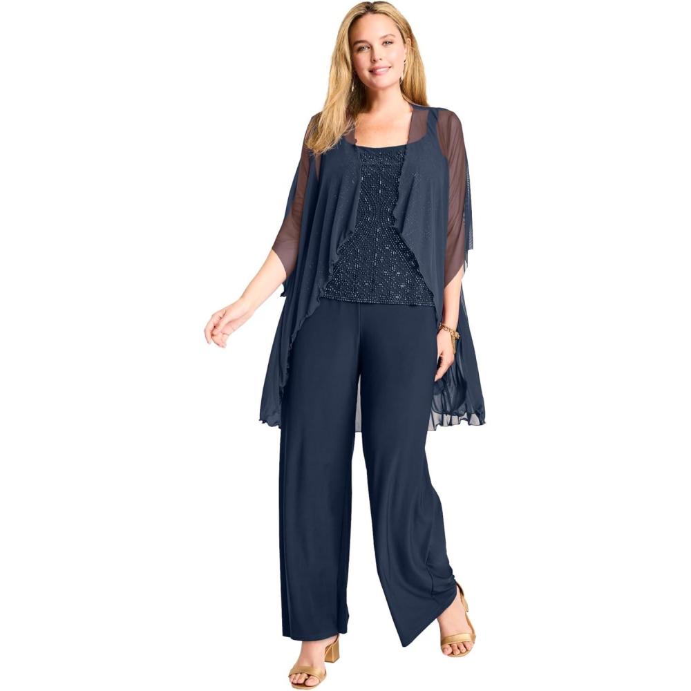 image:imageWoman Within Plus Size 3Piece Pant Set With Beaded TankNavy