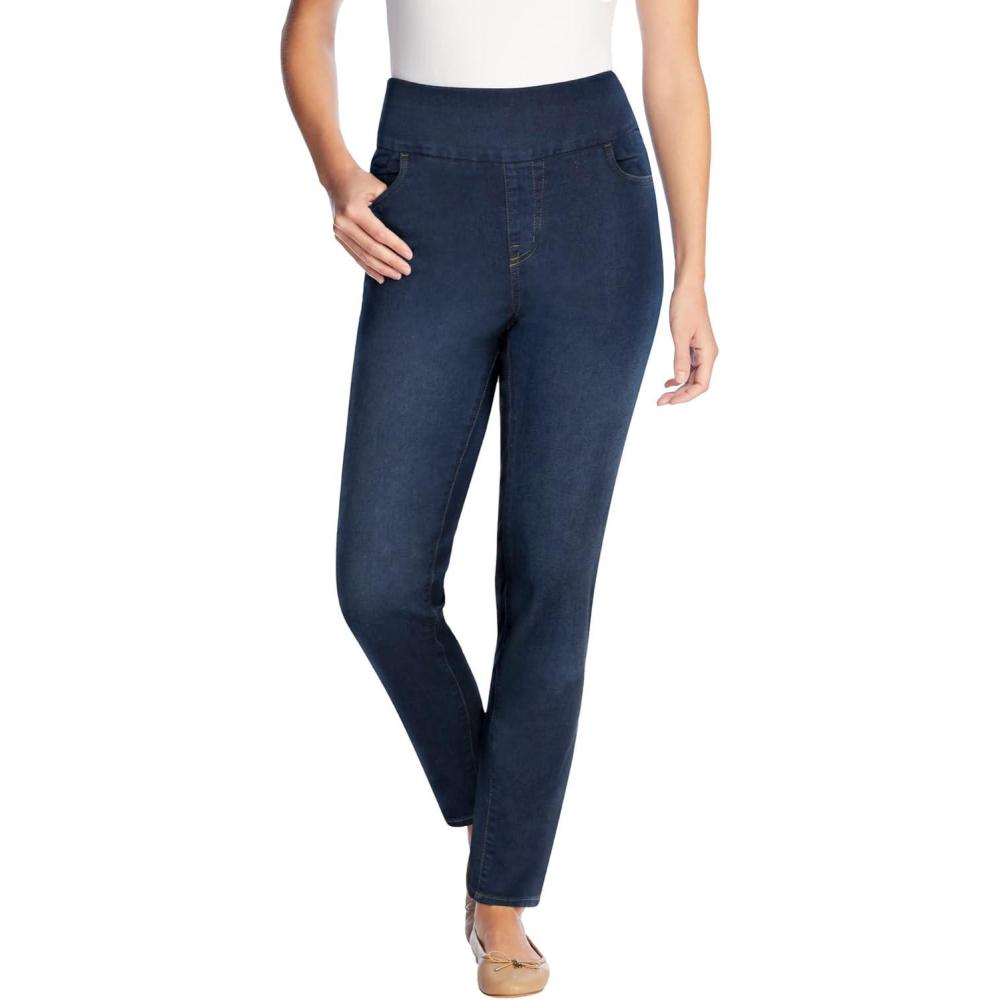 image:imageWoman Within Plus Size Flex SlimLeg PullOn GapFree StretchDenim JeansIndigo Sanded