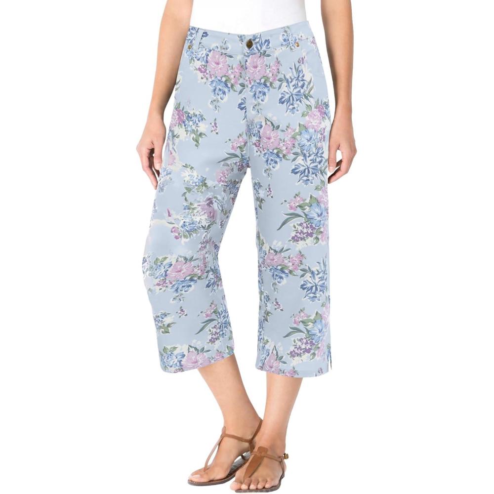 image:imageWoman Within Plus Size Petite Stretch Denim FivePocket Capri JeansPearl Grey Vine Bloom