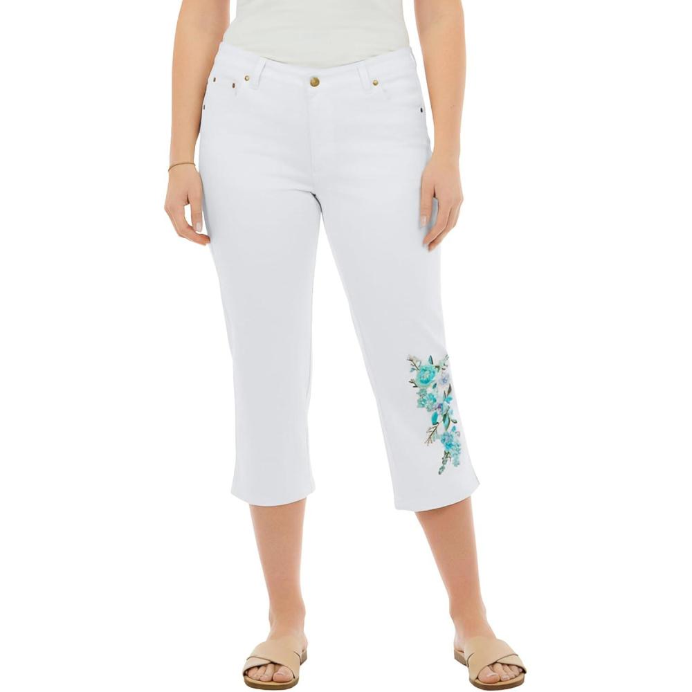 image:imageWoman Within Plus Size Stretch Denim FivePocket Capri JeansWhite Pastel Floral Embroidery