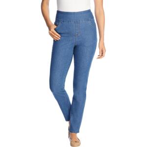Woman Within Plus Size Flex Slim-Leg Pull-On Gap-Free Stretch-Denim Jeans(Light Stonewash)