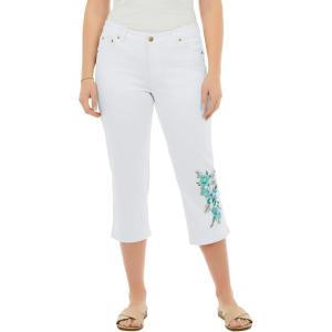 Woman Within Plus Size Stretch Denim Five-Pocket Capri Jeans(White Pastel Floral Embroidery)