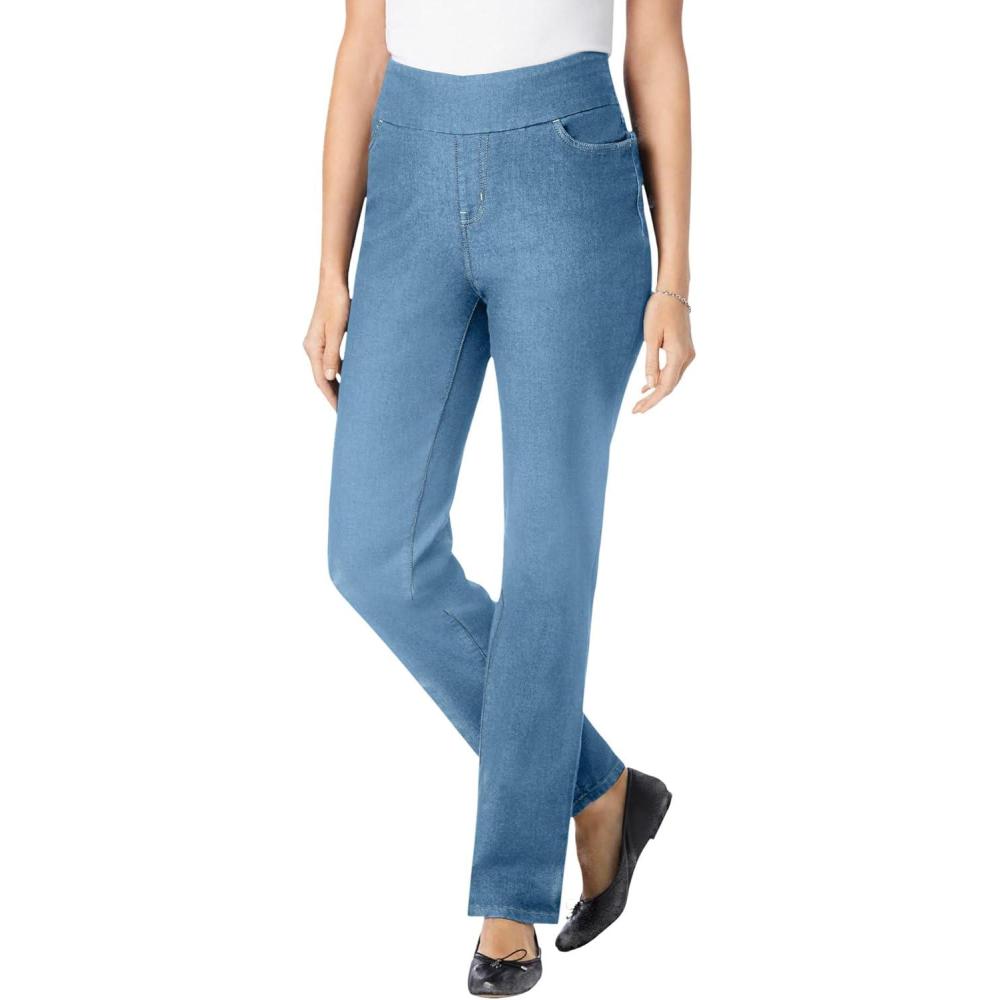 image:imageWoman Within Plus Size Flex PullOn StraightLeg GapFree Stretch Denim JeansLight Stonewash