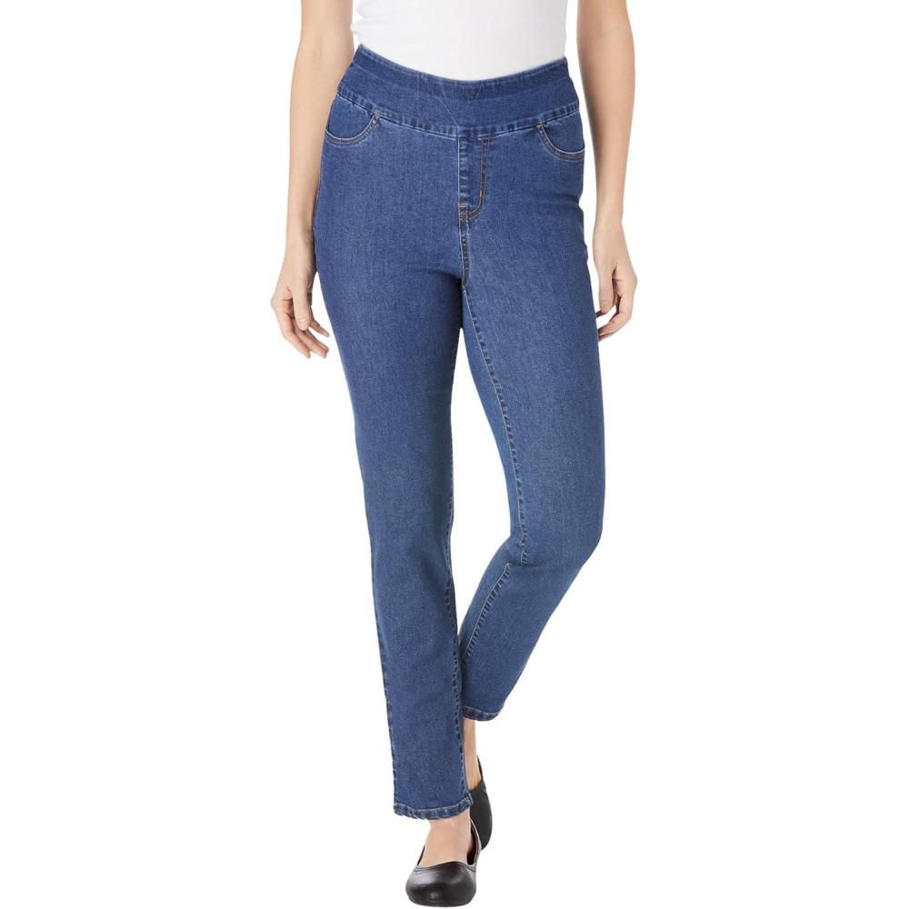 image:imageWoman Within Plus Size Flex PullOn StraightLeg GapFree Stretch Denim JeansMedium Stonewash
