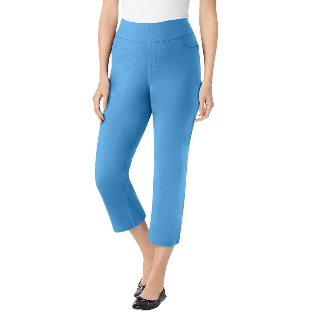 image:imageWoman Within Plus Size PullOn Flex ElasticWaist Stretch Denim Capri JeansAzure Blue