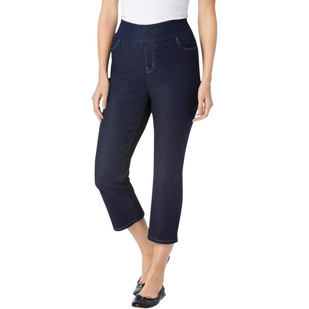image:imageWoman Within Plus Size PullOn Flex ElasticWaist Stretch Denim Capri JeansIndigo