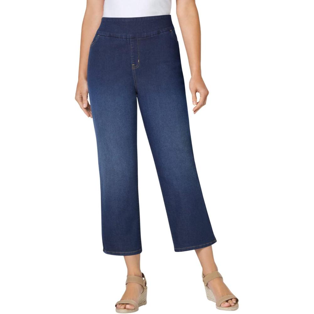 image:imageWoman Within Plus Size PullOn Flex ElasticWaist Stretch Denim Capri JeansIndigo Sanded