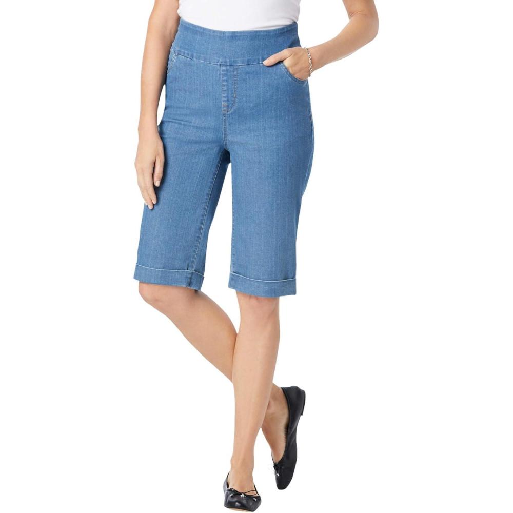 image:imageWoman Within Plus Size PullOn Flex ElasticWaist Stretch Denim Jeans ShortsLight Stonewash