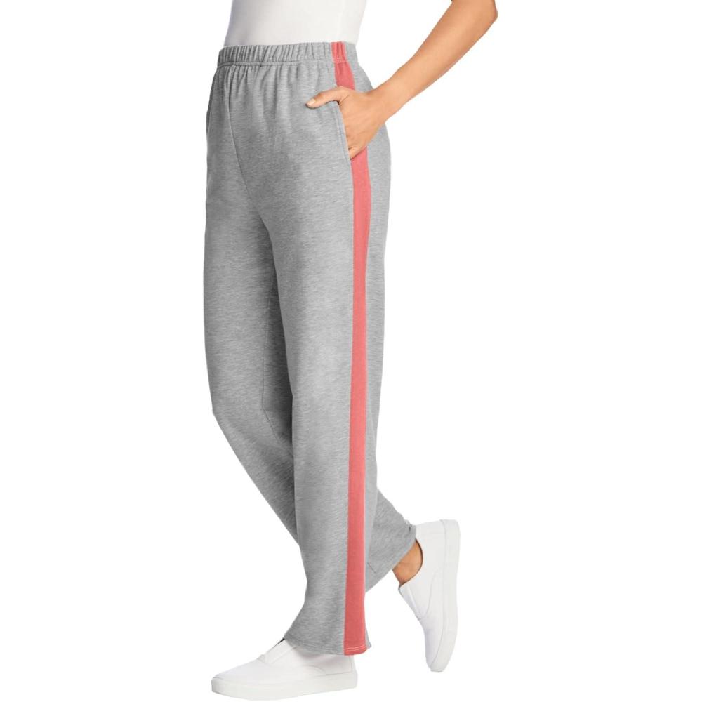 image:imageWoman Within Plus Size Cotton French Terry StraightLeg PullOn SideStripe PantsMedium Heather Grey Sweet Coral