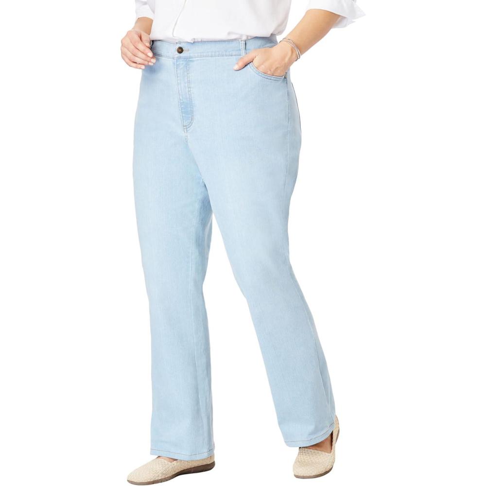 image:imageWoman Within Plus Size Petite Stretch Denim FivePocket Bootcut JeansLight Wash Sanded