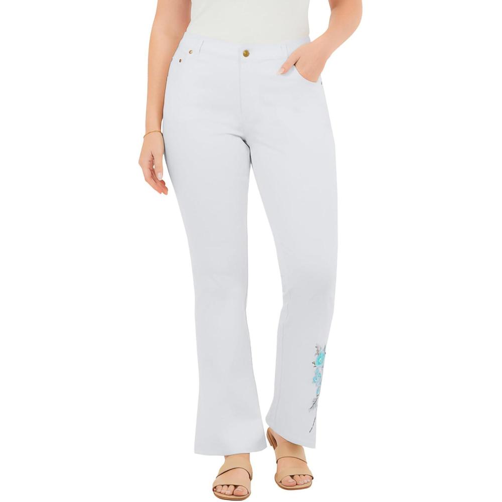 image:imageWoman Within Plus Size Stretch Denim FivePocket Bootcut JeansWhite Pastel Floral Embroidery