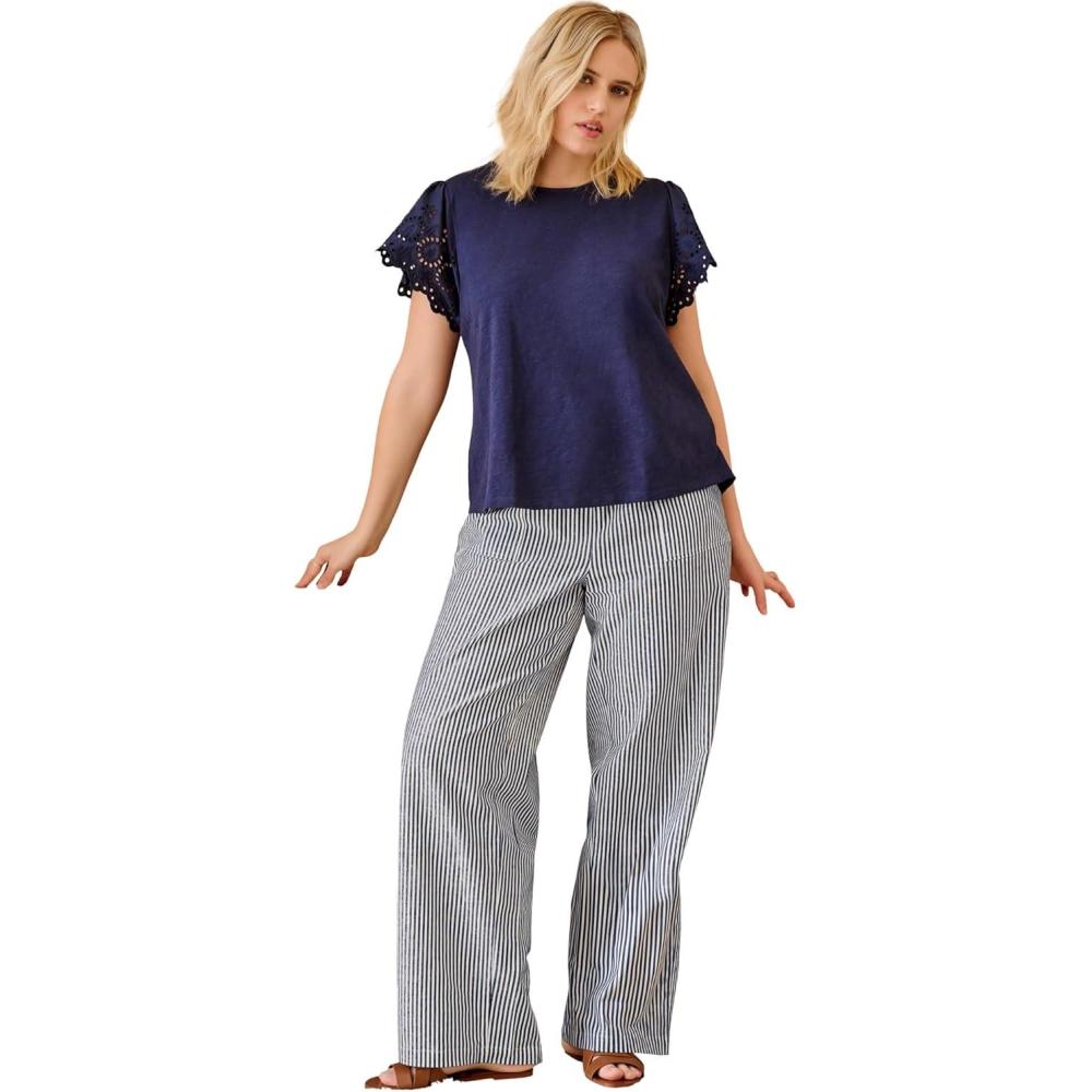 image:imageellos Plus Size LinenBlend Elastic Waist Drawstring Relaxed PantNavy White Stripe