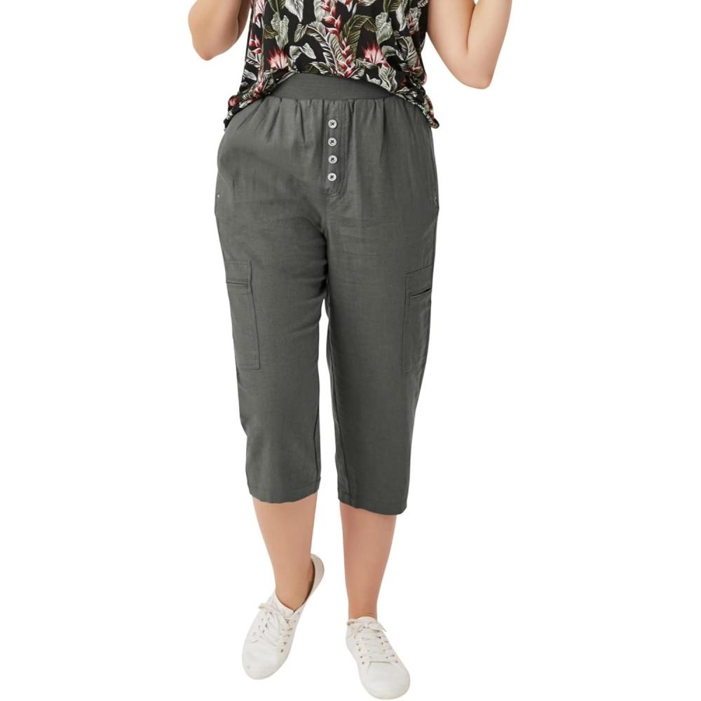 image:imageellos Plus Size Ribbed Elastic Waist LinenBlend CaprisOlive Grey