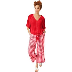 ellos Plus Size Gingham Back Elastic Wide Leg Crop Pants(Hot Red White Gingham)