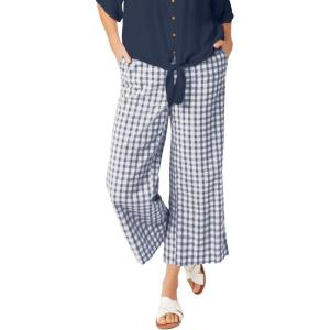 ellos Plus Size Gingham Back Elastic Wide Leg Crop Pants(Navy White Gingham)