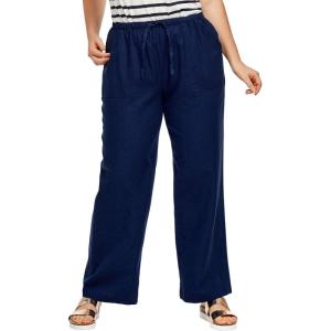 ellos Plus Size Linen-Blend Elastic Waist Drawstring Relaxed Pant(Navy)