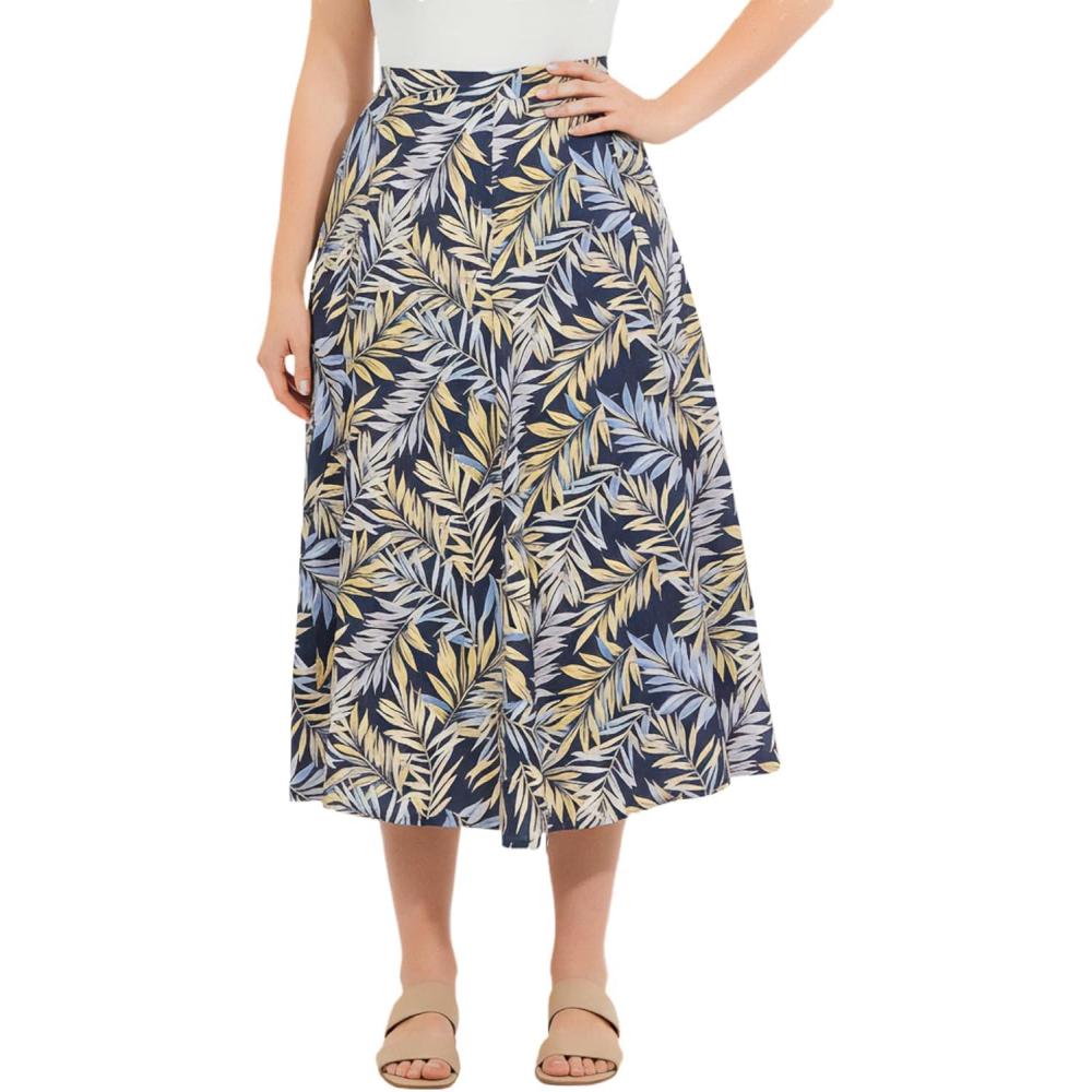 image:imageWoman Within Plus Size Print LinenBlend Midi Skirt Petite AvailableNavy Sunset Palm