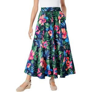 Woman Within Plus Size Wide Elastic Waist Skirt(Navy Hibiscus Floral)