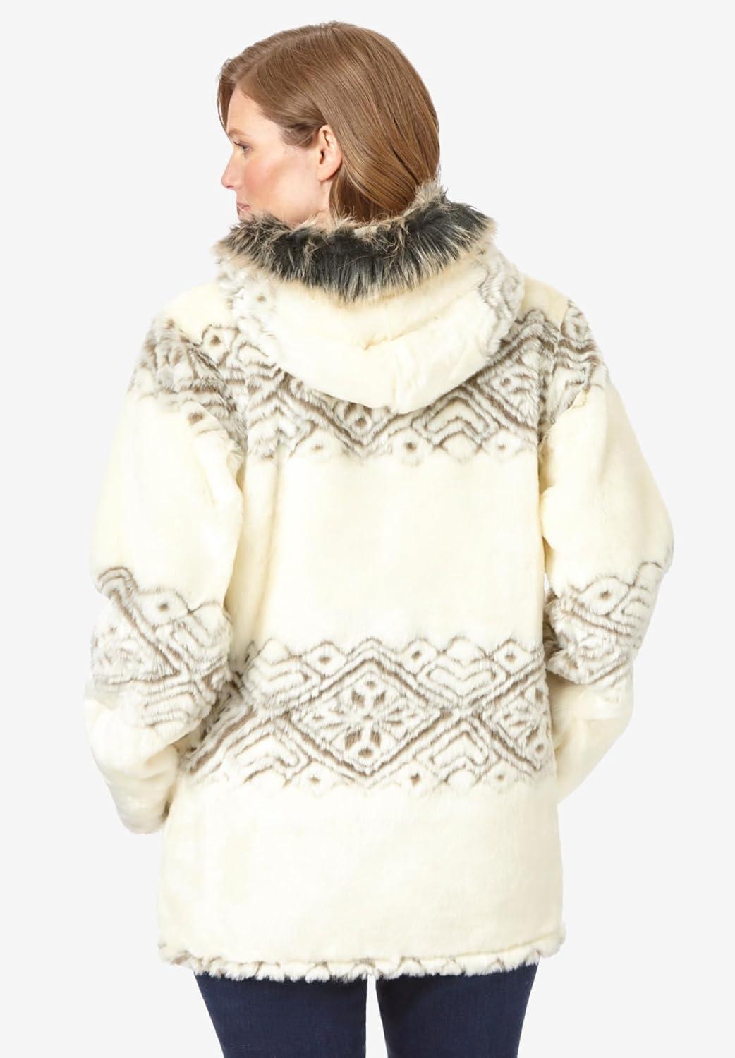 image:imageWoman Within Plus Size Faux Fur Snowflake Print Hooded JacketIvory Snowflake Fair Isle