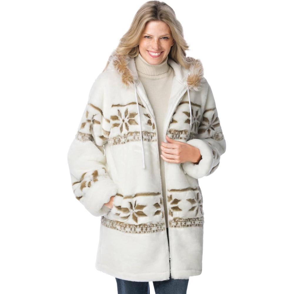 image:imageWoman Within Plus Size Faux Fur Snowflake Print Hooded JacketIvory Snowflake Fair Isle