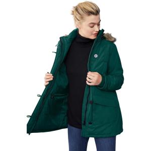 ellos Plus Size Faux Fur Trim Two-Way Zip-Front Mid-Length Parka(Deep Emerald)