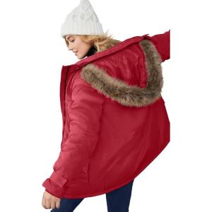 ellos Plus Size Faux Fur Trim Two-Way Zip-Front Mid-Length Parka(Rich Red)