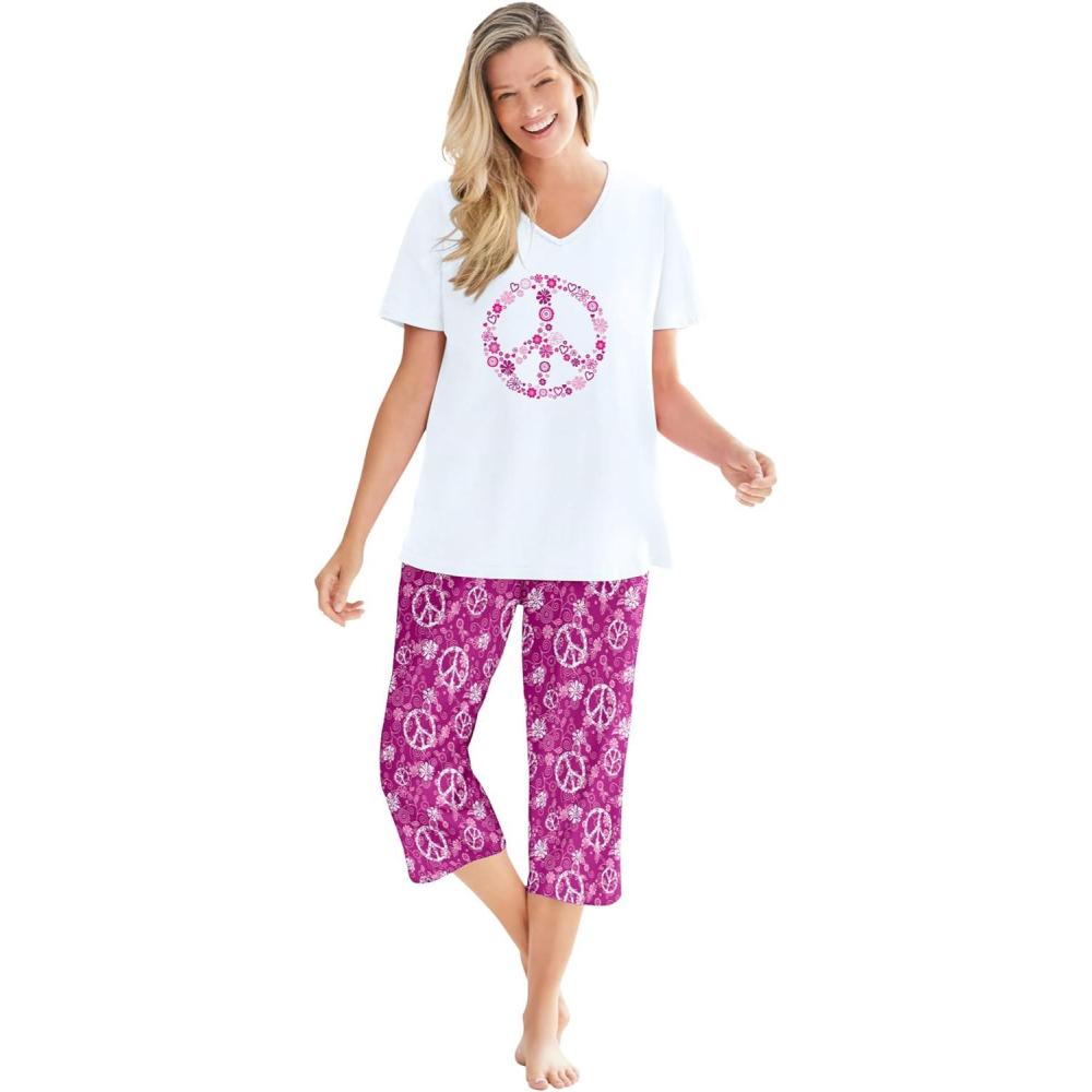 image:imageDreams amp Co Plus Size 2Piece Capri PJ SetRaspberry Peace Sign