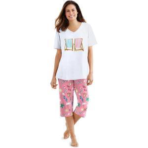 Dreams & Co. Plus Size 2-Piece Capri PJ Set(Flamingo Pink Beach)