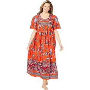 Only Necessities Plus Size Petite Bib-Front Short Sleeve Maxi Lounger(Electric Orange Bloom)