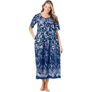 Only Necessities Plus Size Petite Bib-Front Short Sleeve Maxi Lounger(Evening Blue Vines)
