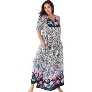 Only Necessities Plus Size Petite Bib-Front Short Sleeve Maxi Lounger(Natural Leopard)