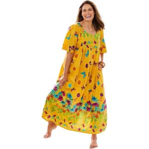 Only Necessities Plus Size Petite Bib-Front Short Sleeve Maxi Lounger(Yellow Butterfly)