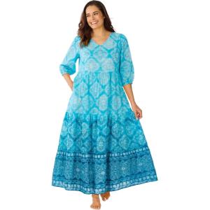 Dreams & Co. Plus Size Tiered Peasant Lounger(Teal Medallion)