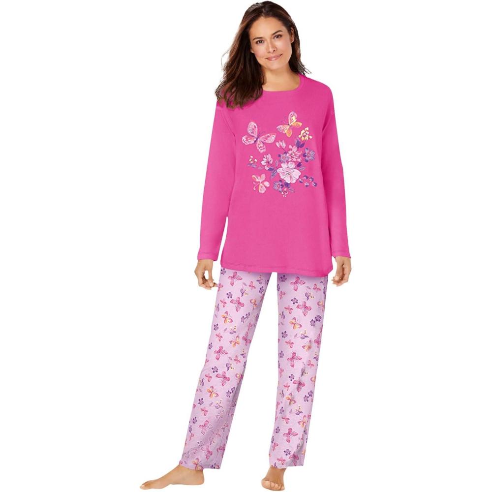 image:imageDreams amp Co Plus Size Long Sleeve Knit PJ SetPink Butterflies