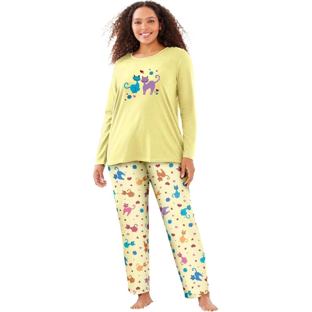 image:imageDreams amp Co Plus Size Long Sleeve Knit PJ SetYellow Cats