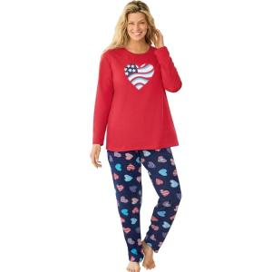 Dreams & Co. Plus Size Long Sleeve Knit PJ Set(Navy Americana Heart)