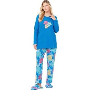 Dreams & Co. Plus Size Long Sleeve Knit PJ Set(Pool Blue Tropical)